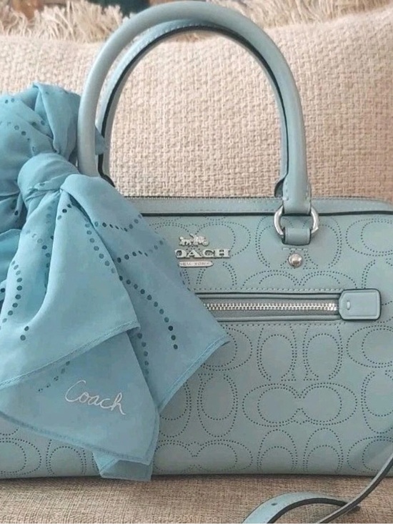 Coach Handbags - Coach Rowan Sky Blue Perforated Leather Bag with Scarf Accent